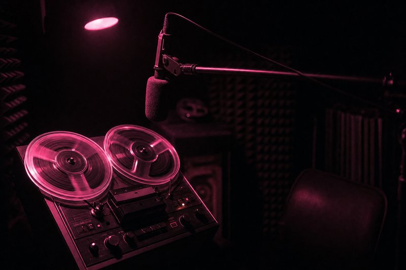 A vintage reel-to-reel tape recorder and microphone in a dark recording booth, lit in magenta neon