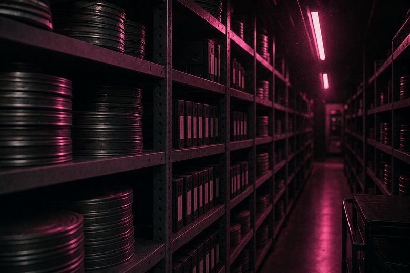 A dark film-archive vault of vintage reels and tapes, lit in magenta neon