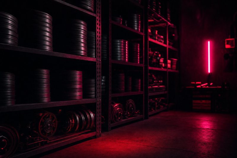 A dark archive room with chrome mechanical parts lit in red neon