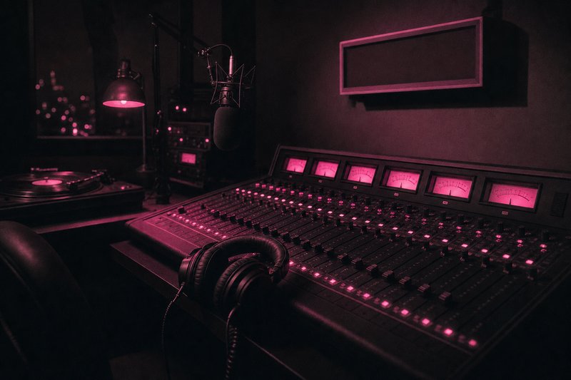 A dark radio studio mixing console with faders and VU meters glowing magenta
