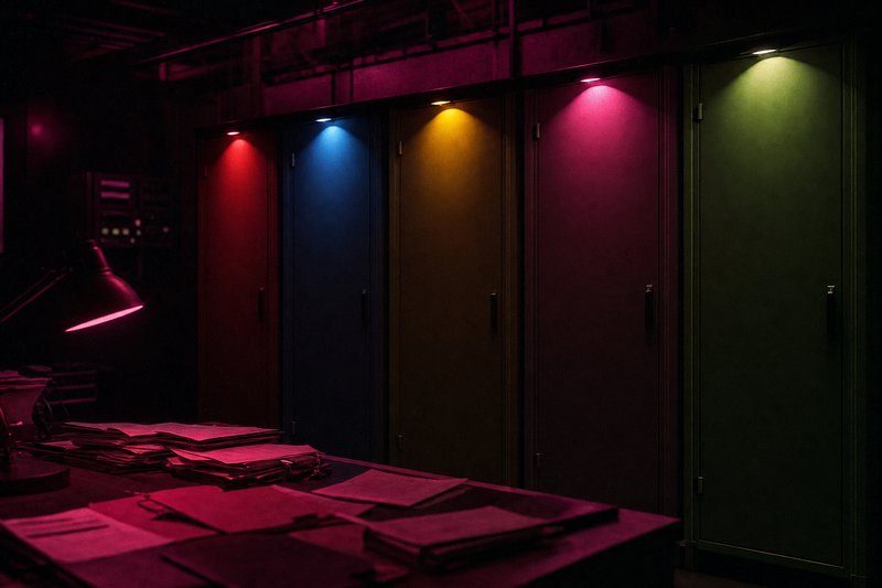 A row of archive lockers lit in alternating red, blue, yellow, pink, and green spotlights