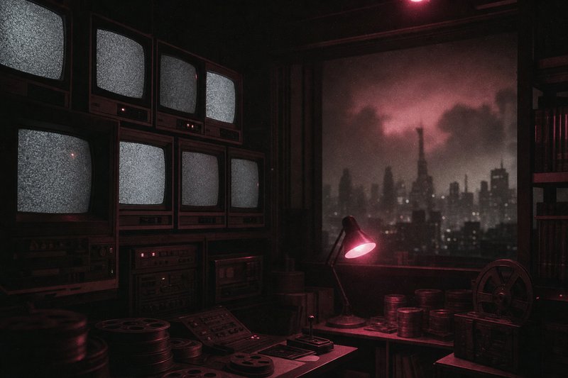 A wall of vintage CRT monitors lit in silver and red duotone, a hazy miniature skyline visible on one screen
